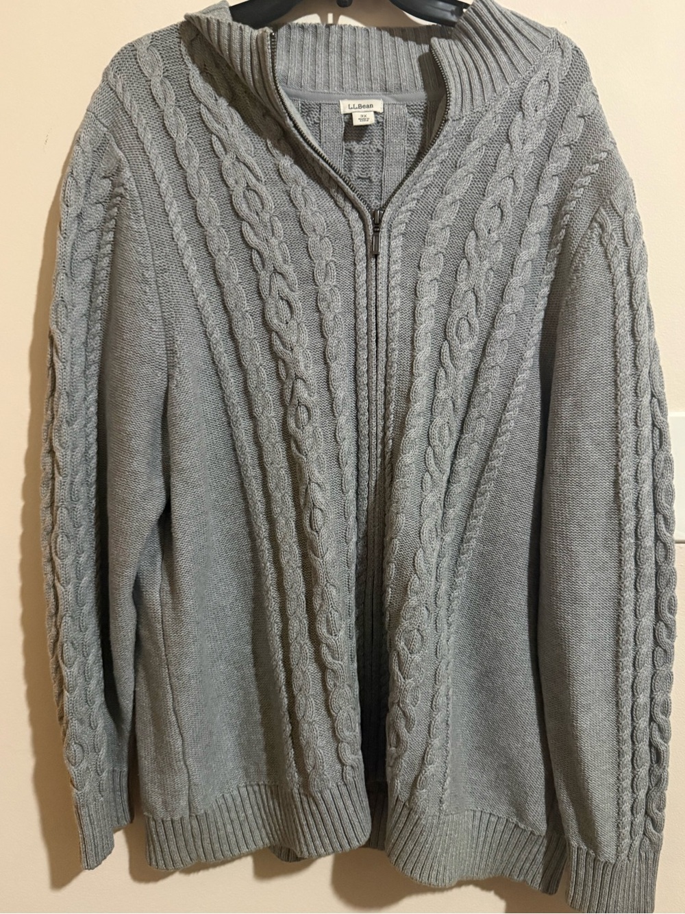 L.L. Bean Light Gray Cable-Knit Full-Zip Sweater Jacket